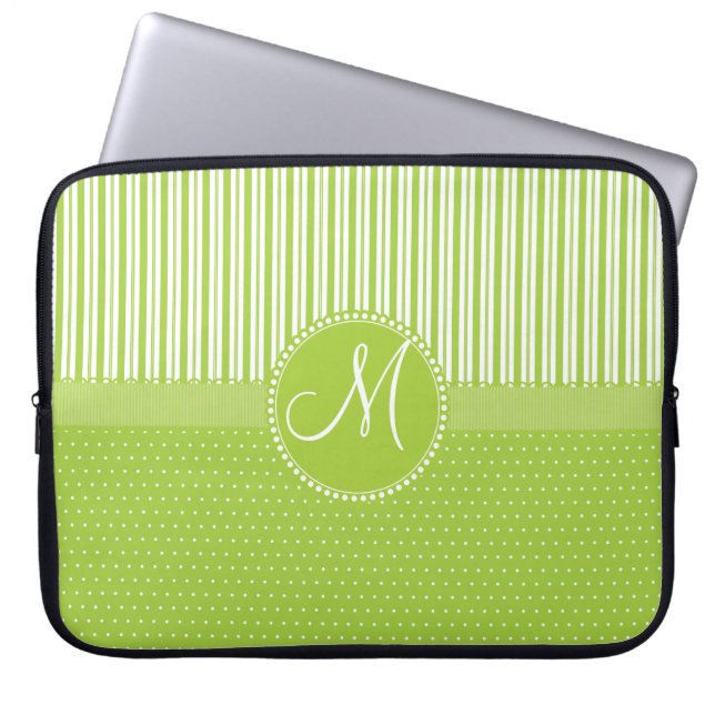 Aangepast monogram groen stripes poolpuntenpatroon laptop sleeve (Voorkant)