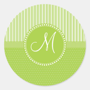 Aangepast monogram groen stripes poolpuntenpatroon ronde sticker