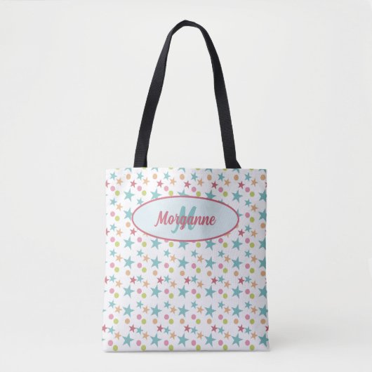 Aangepast Monogram Helder Pastel Vrolijk Patroon Tote Bag (Voorkant)