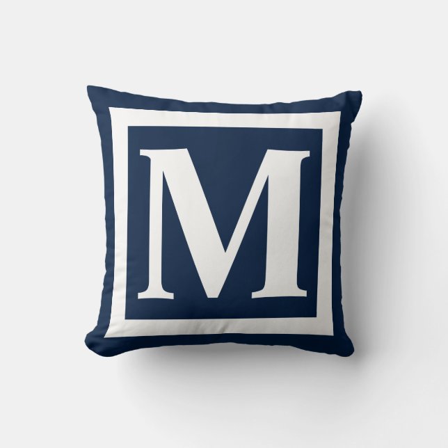 Aangepast monogram Initiaal Navy Blue White Square Kussen (Voorkant)