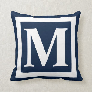 Aangepast monogram Initiaal Navy Blue White Square Kussen