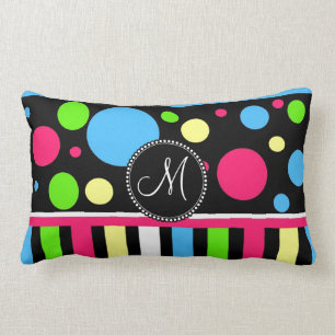 Aangepast monogram Initiaal Neon Stripes Polka Dot Kussen