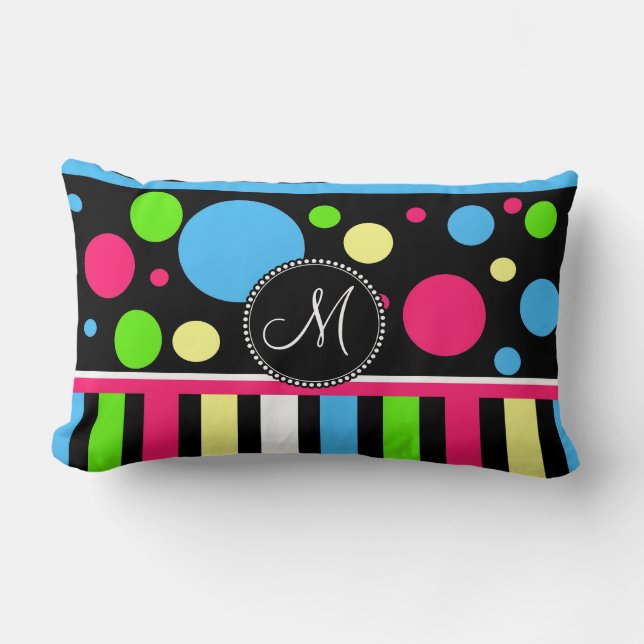 Aangepast monogram Initiaal Neon Stripes Polka Dot Kussen (Voorkant)
