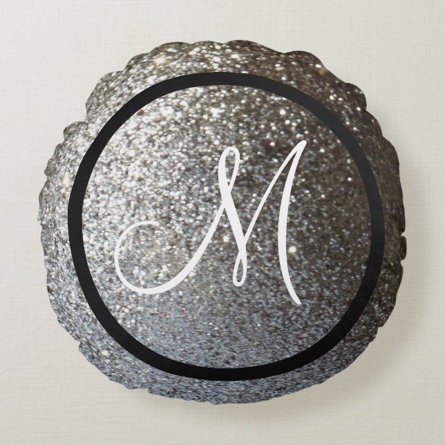 Aangepast monogram initiaal vast zilverglitter rond kussen (Voorkant)