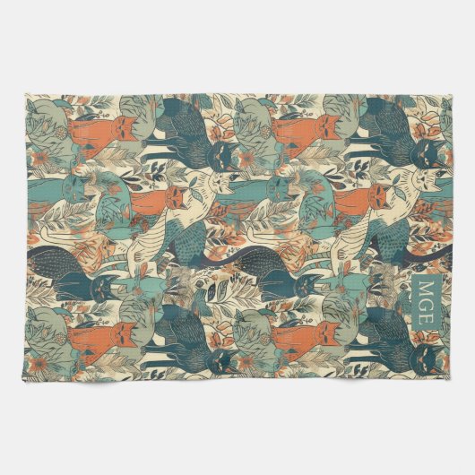 Aangepast Monogram Katten Patroon Theedoek (Horizontaal)