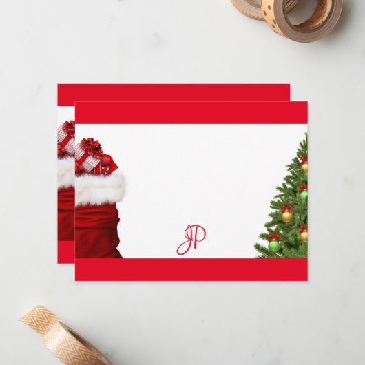 Aangepast monogram kerstboom handgeschreven script notitiekaartje (Voorkant / Achterkant in situ)