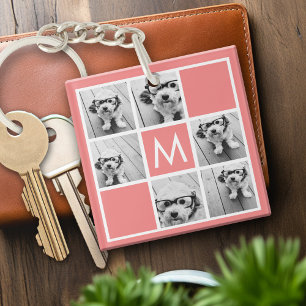 Aangepast monogram koraal en witte foto's sleutelhanger