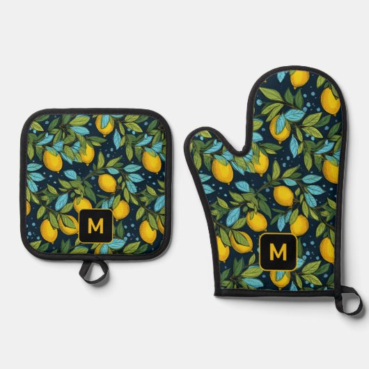 Aangepast monogram Lemon Patroon Ovenwant & Pannenlap Set (Voorkant)
