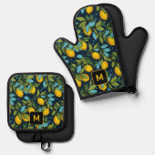 Aangepast monogram Lemon Patroon Ovenwant & Pannenlap Set (Voorkant / Achterkant)