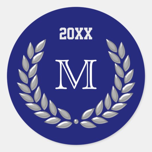 Aangepast monogram Licht Grijze Laurel Wreaton Blu Ronde Sticker (Voorkant)