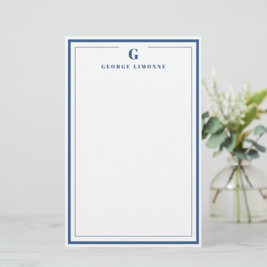 Aangepast Monogram Marine Blauwe Grens Stationery Briefpapier (Staand voorkant)