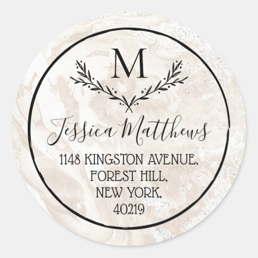 Aangepast monogram marmer en grote standaard retou ronde sticker (Voorkant)
