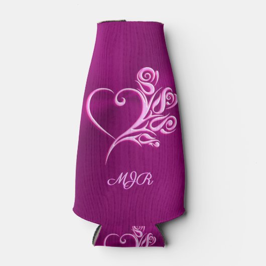 Aangepast monogram, Mauve Stylized Heart en Rozen Flesjeskoeler (Voorkant)