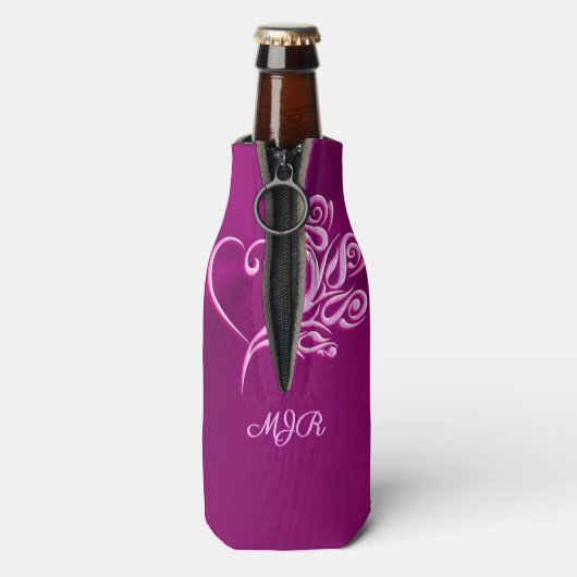 Aangepast monogram, Mauve Stylized Heart en Rozen Flesjeskoeler (Fles Achterkant)