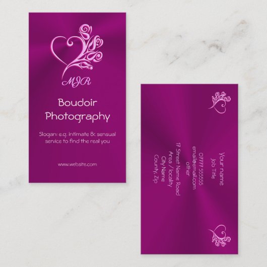 Aangepast monogram, Mauve Stylized Heart en Rozen Visitekaartje (Voorkant / Achterkant)