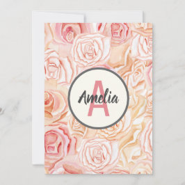 Aangepast monogram met perzik- en roze waterverf r bedankkaart
