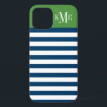 Aangepast monogram moderne groene zeemacht iPhone 12 hoesje<br><div class="desc">Druk omhoog en bescherm uw telefoon met een eenvoudig,  modern en stijlvol gestreepte patroonontwerp dat douane monogrammed met uw eerste,  midden en familienaam initialen in een preppy serif doopvont is. Donkerblauw en witte horizontale strepen contrasteert met een olijfgroene achtergrond van kleurblokken.</div>