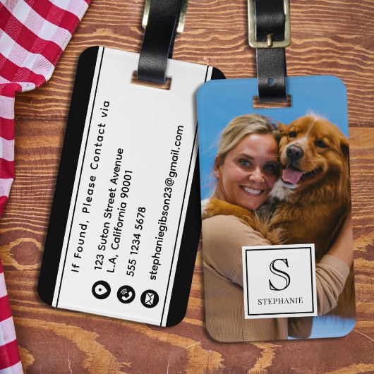 Aangepast monogram, naam en foto, zwart-wit bagagelabel