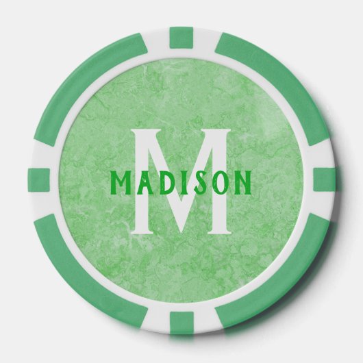 Aangepast monogram & naam Faux Groen Marmer Poker Chips (Voorkant)