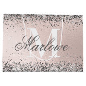 Aangepast monogram naam zilver glans roze groot cadeauzakje (Achterkant)