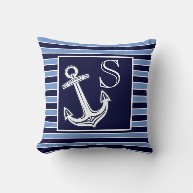 Aangepast monogram Nautilusanker Navy-blauw gestre Kussen (Voorkant)