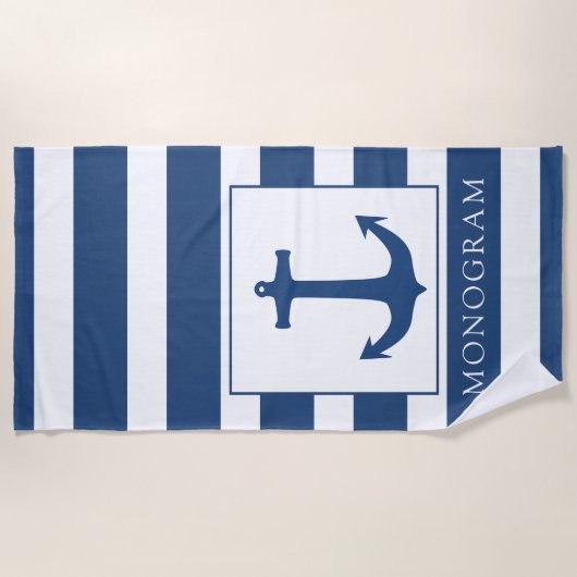 Aangepast monogram Navy Blue Anchor Strandlaken (Voorkant)
