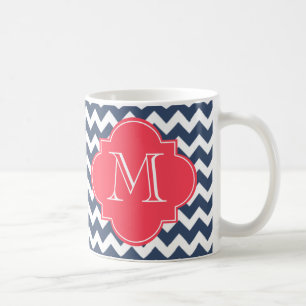 Aangepast monogram Navy Blue en Red Chevron Koffiemok