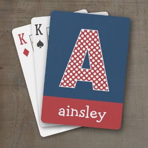 Aangepast monogram Navy Blue en Red Polka Dots Speelkaarten