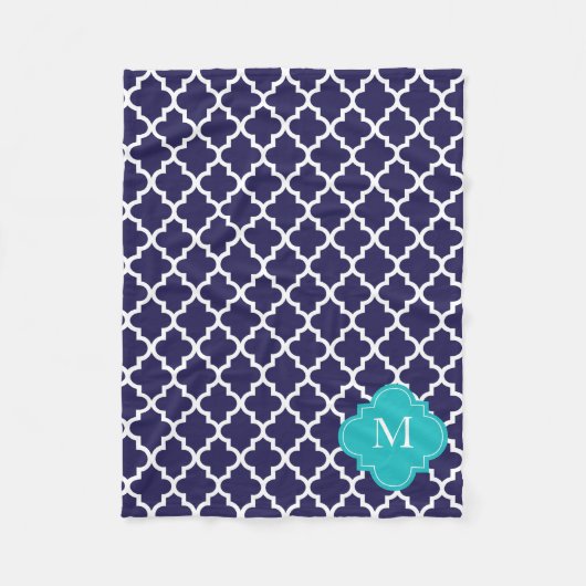 Aangepast monogram Navy Turquoise Quatrefoil Patte Fleece Deken (Voorkant)