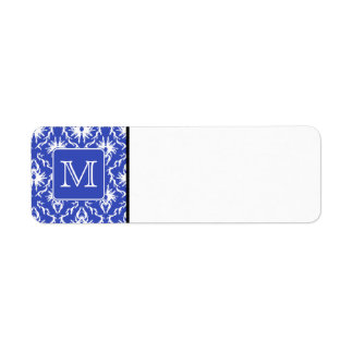 Aangepast monogram, op blauw en wit Damaspatroon. Etiket