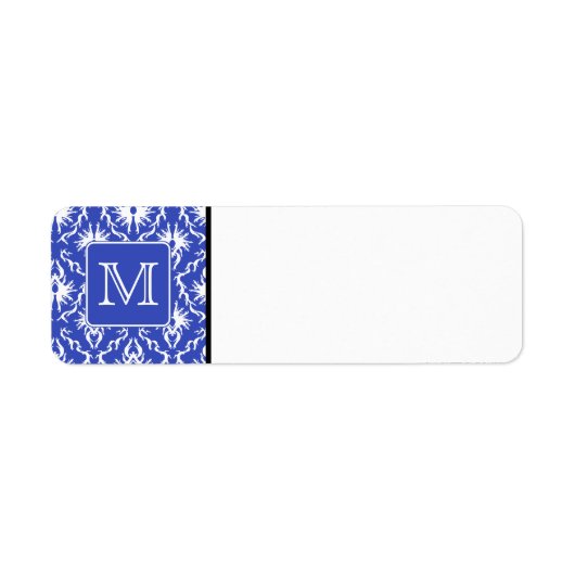 Aangepast monogram, op blauw en wit Damaspatroon. Etiket (Voorkant)