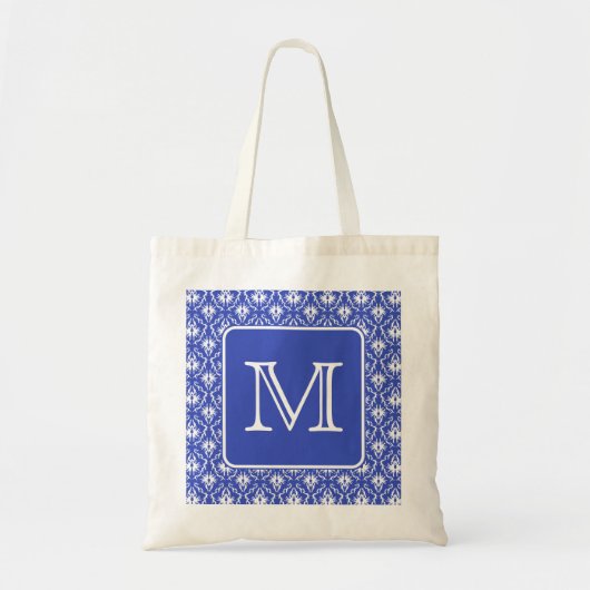 Aangepast monogram, op blauw en wit Damaspatroon. Tote Bag (Voorkant)