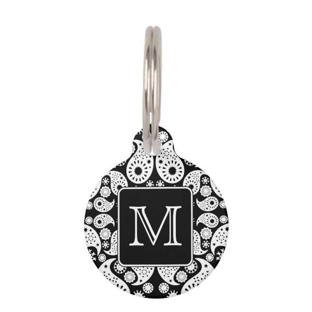 Aangepast monogram op Monochrome Paisley Pattern. Huisdierpenning (Voorkant)