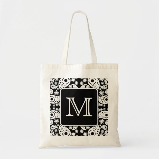 Aangepast monogram op Monochrome Paisley Pattern. Tote Bag (Voorkant)