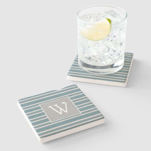 Aangepast monogram op Turquoise en grijze striped Stenen Onderzetter (Zijkant)