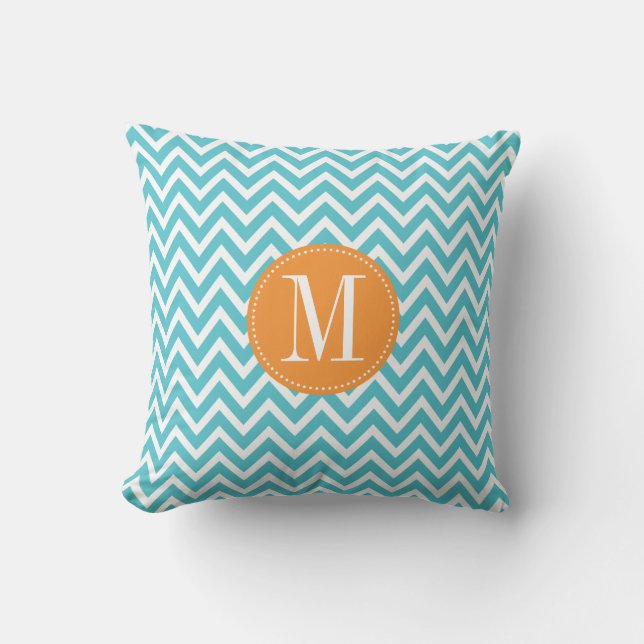 Aangepast monogram Oranje en blauw Chevron Kussen (Voorkant)