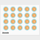 Aangepast monogram Oranje en blauw Chevron Ronde Sticker (Vel)