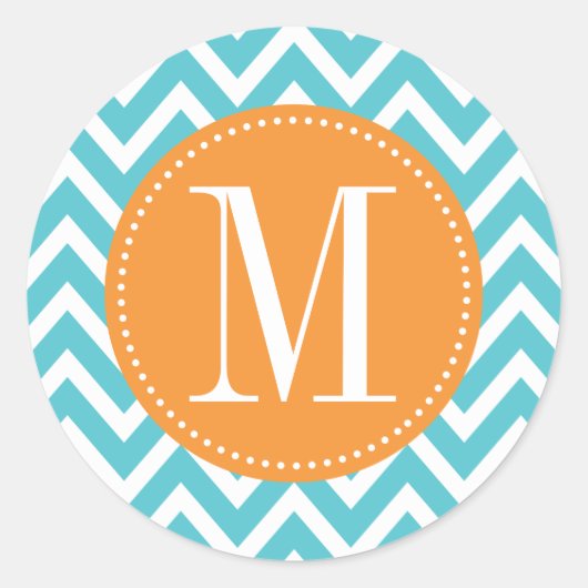 Aangepast monogram Oranje en blauw Chevron Ronde Sticker (Voorkant)
