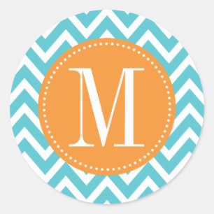 Aangepast monogram Oranje en blauw Chevron Ronde Sticker