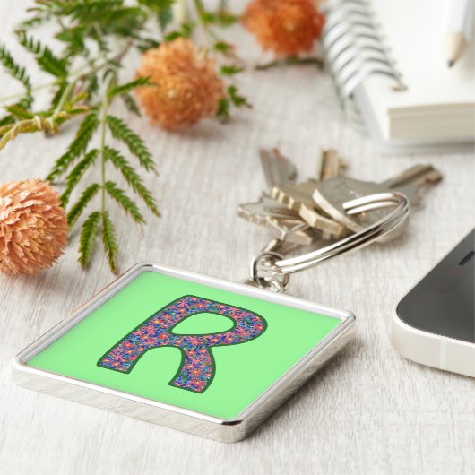 Aangepast monogram R Sleutelhanger, Ditsy Floral P Sleutelhanger (Zijkant)