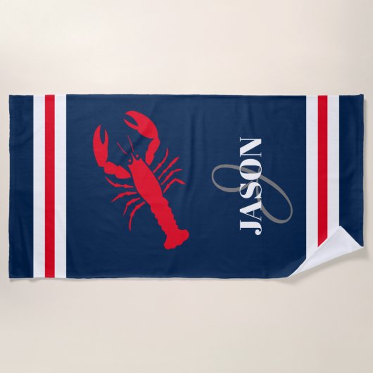 Aangepast monogram rode kreeft blauw en rode stree strandlaken (Voorkant)
