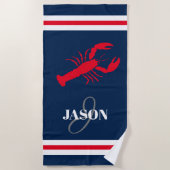 Aangepast monogram rode kreeft blauw en rode stree strandlaken (Voorkant)