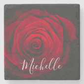 Aangepast monogram rode roze  foto stenen onderzetter (Voorkant)