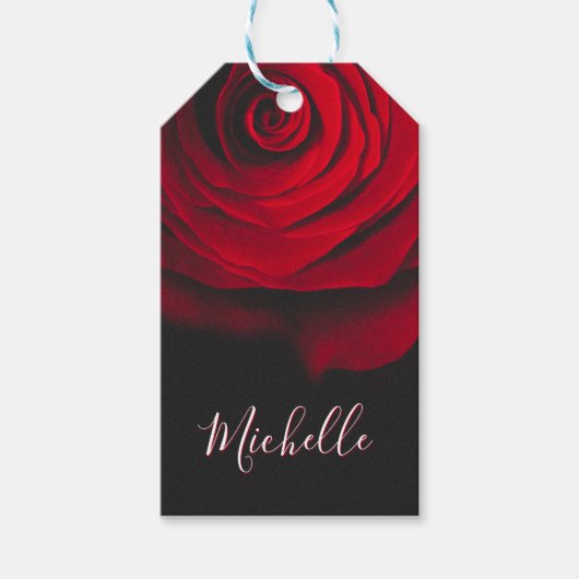 Aangepast monogram rode roze  foto zwart cadeaulabel (Voorkant)