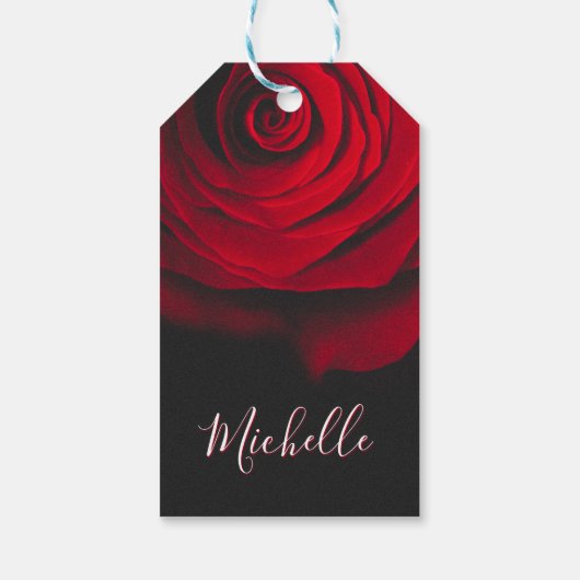 Aangepast monogram rode roze  foto zwart cadeaulabel (Achterkant)