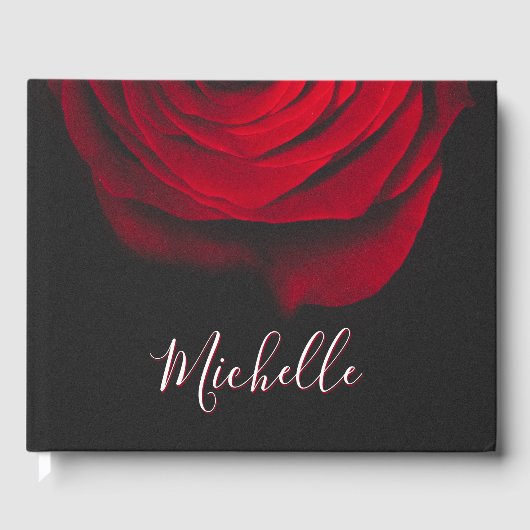 Aangepast monogram rode roze  foto zwart gastenboek (Voorkant)