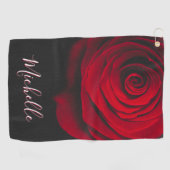 Aangepast monogram rode roze foto zwart golfhanddoek (Horizontaal)