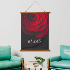 Aangepast monogram rode roze  foto zwart hangend wandkleed