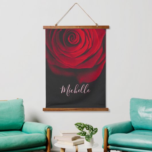 Aangepast monogram rode roze foto zwart hangend wandkleed (Woonkamer)