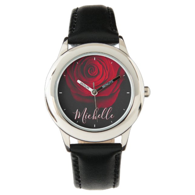 Aangepast monogram rode roze  foto zwart horloge (Voorkant)